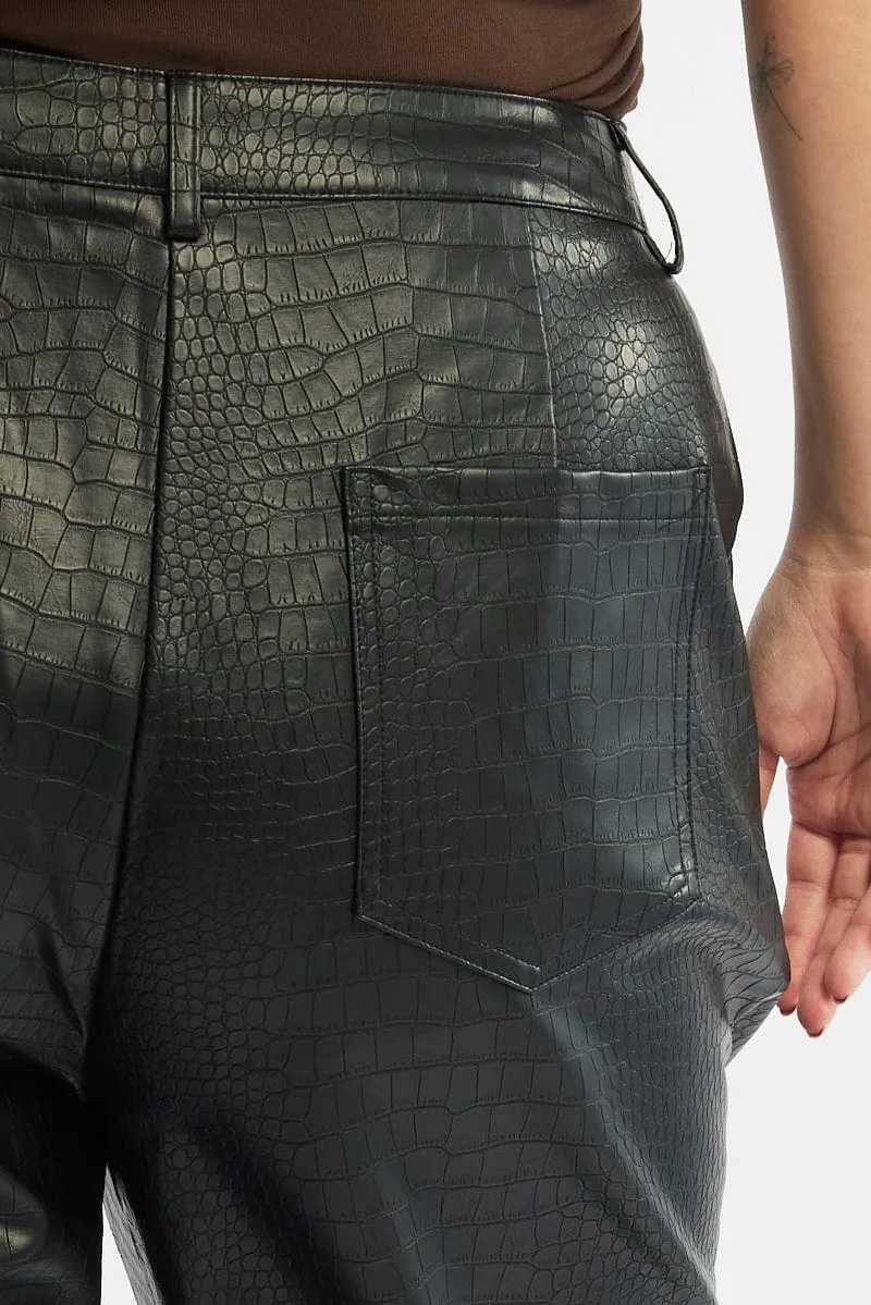 WaterRepellentCoating Black Wideleg Pants Faux Leather Croc High Waist