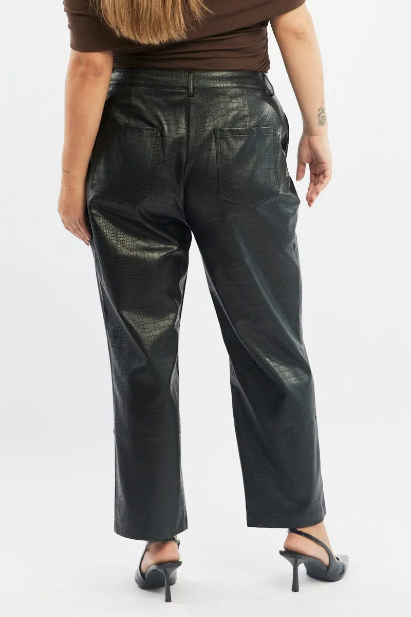 Black Wideleg Pants Faux Leather Croc High Waist Essential Fit
