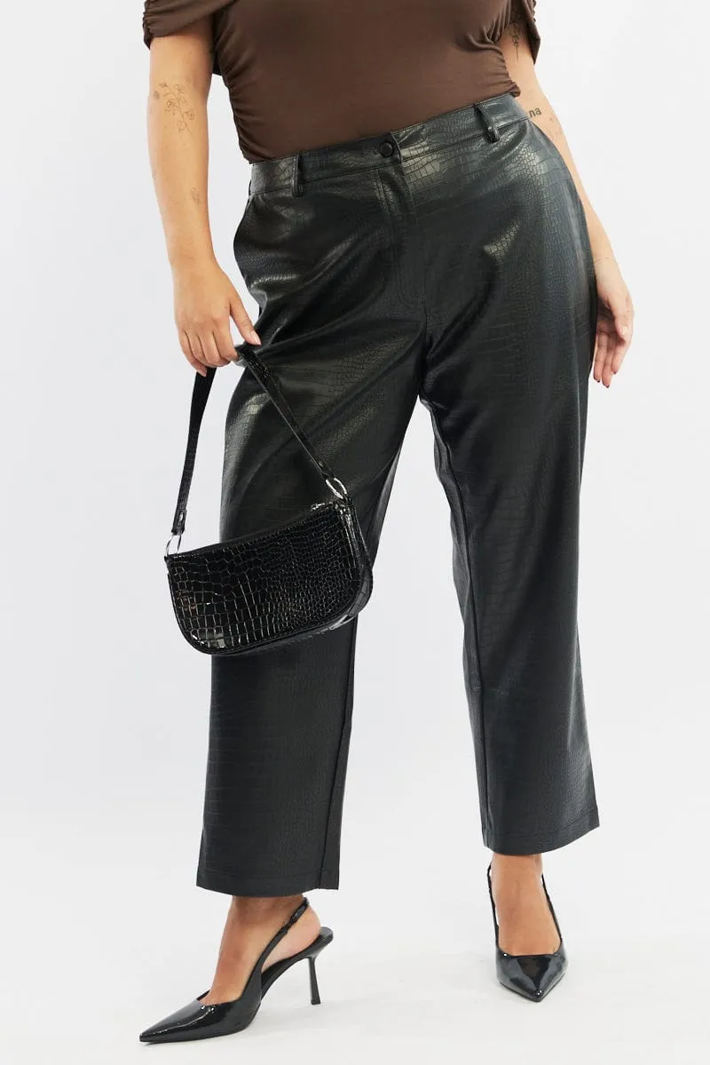 Black Wideleg Pants Faux Leather Croc High Waist Quick-Dry Material