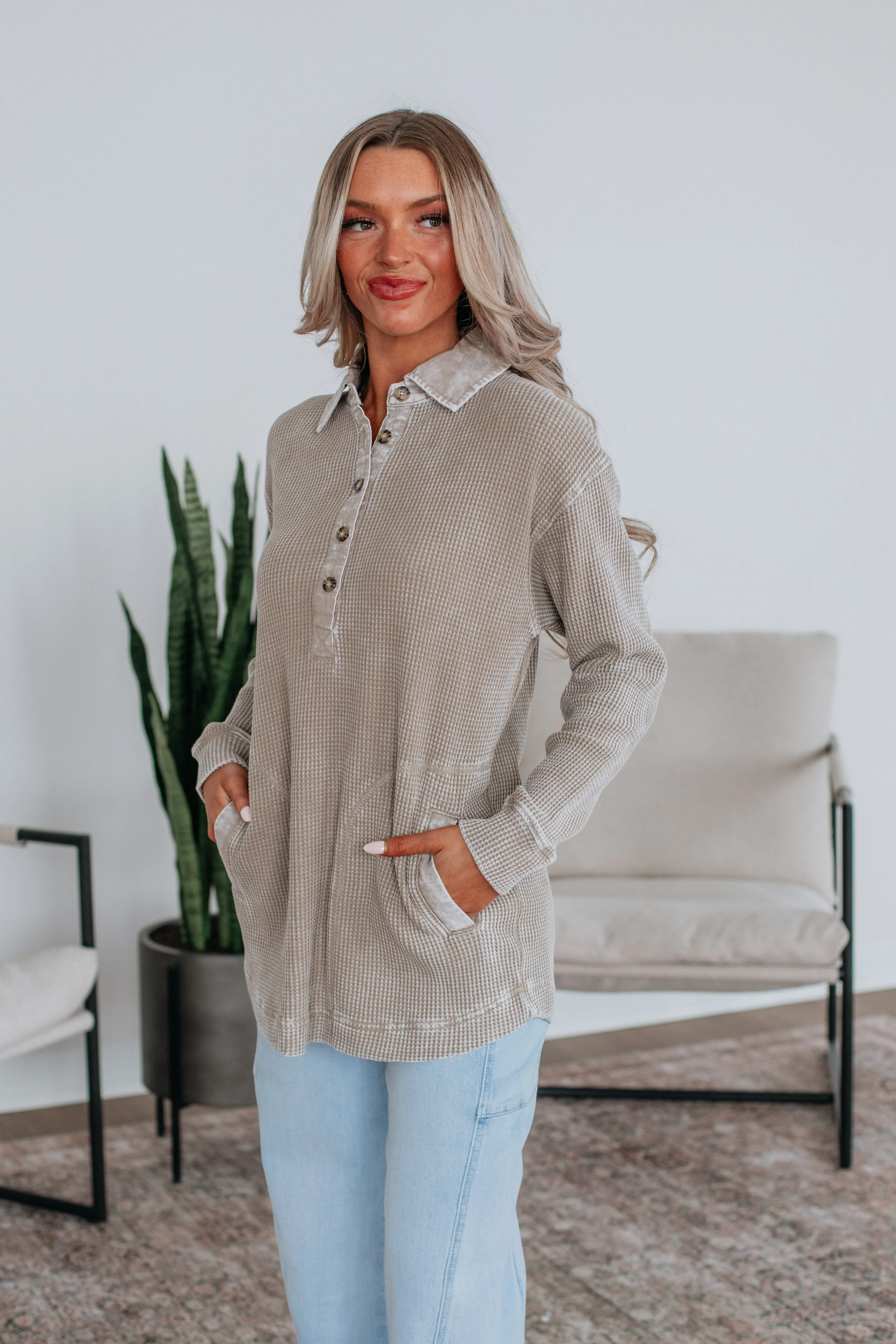 Sallie Waffle Knit Top - Smokey Taupe Chic Style