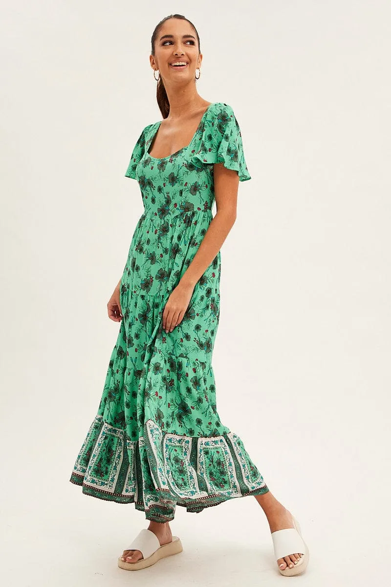 Shimmer Light Green Boho Maxi Dress Square Neck Short Sleeve