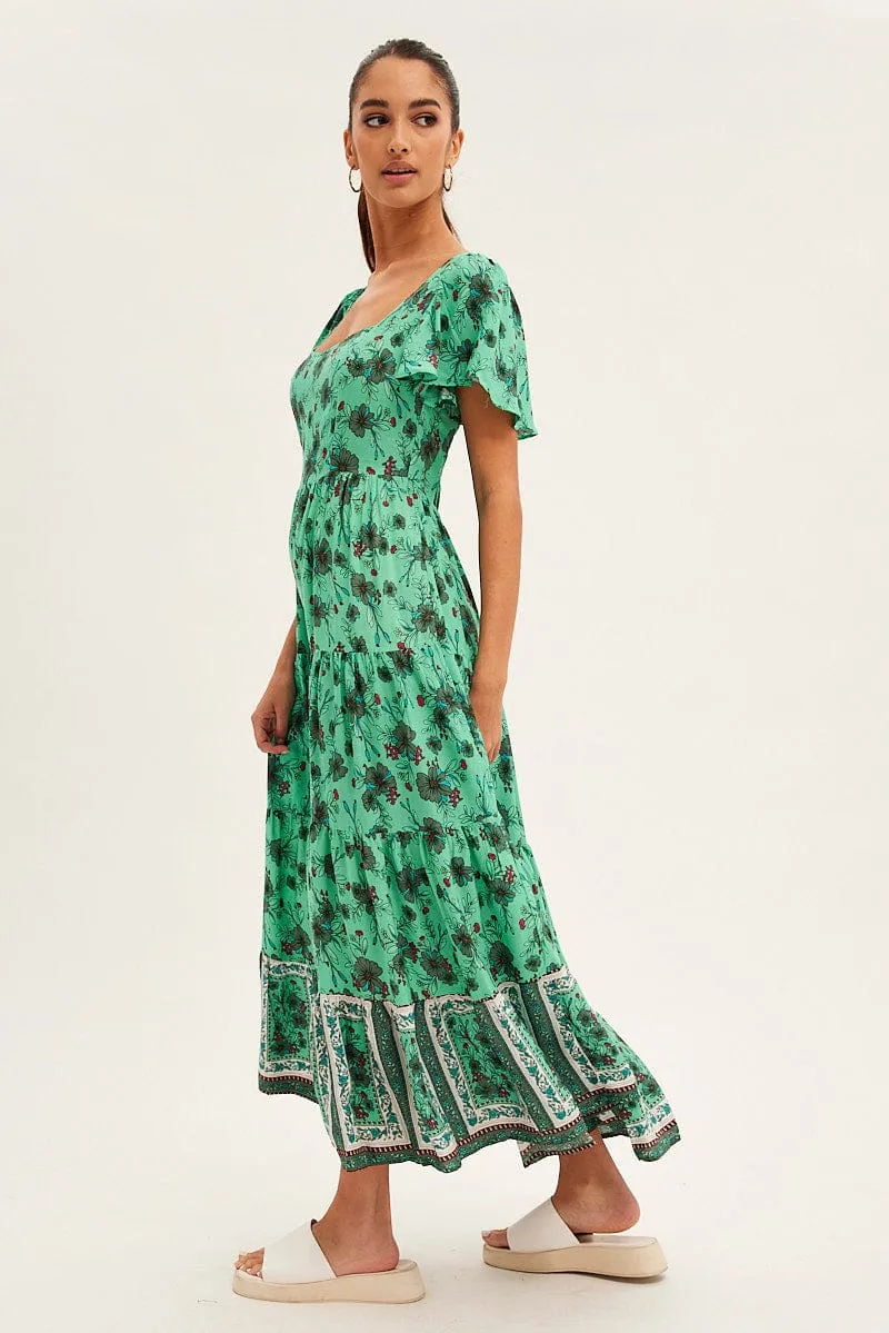 Stream Path Green Boho Maxi Dress Square Neck Short Sleeve
