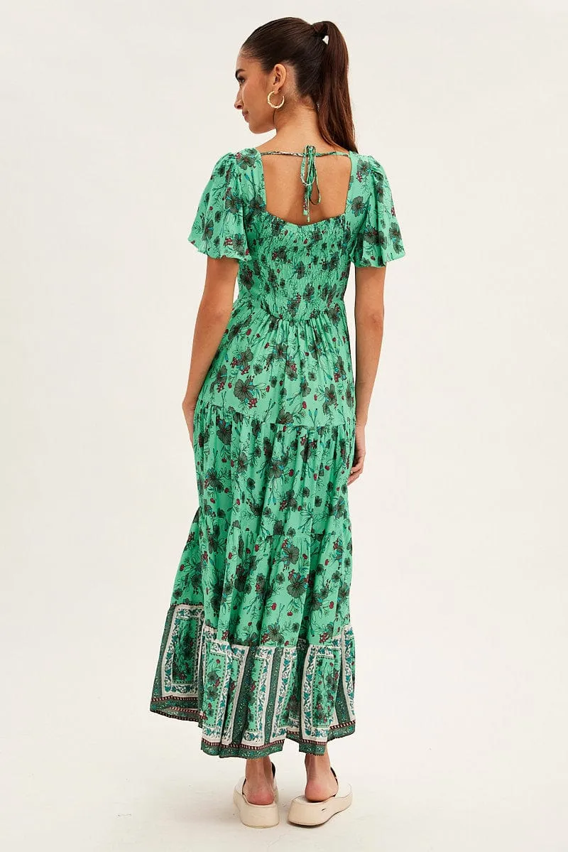 Green Boho Maxi Dress Square Neck Short Sleeve Rose Arch