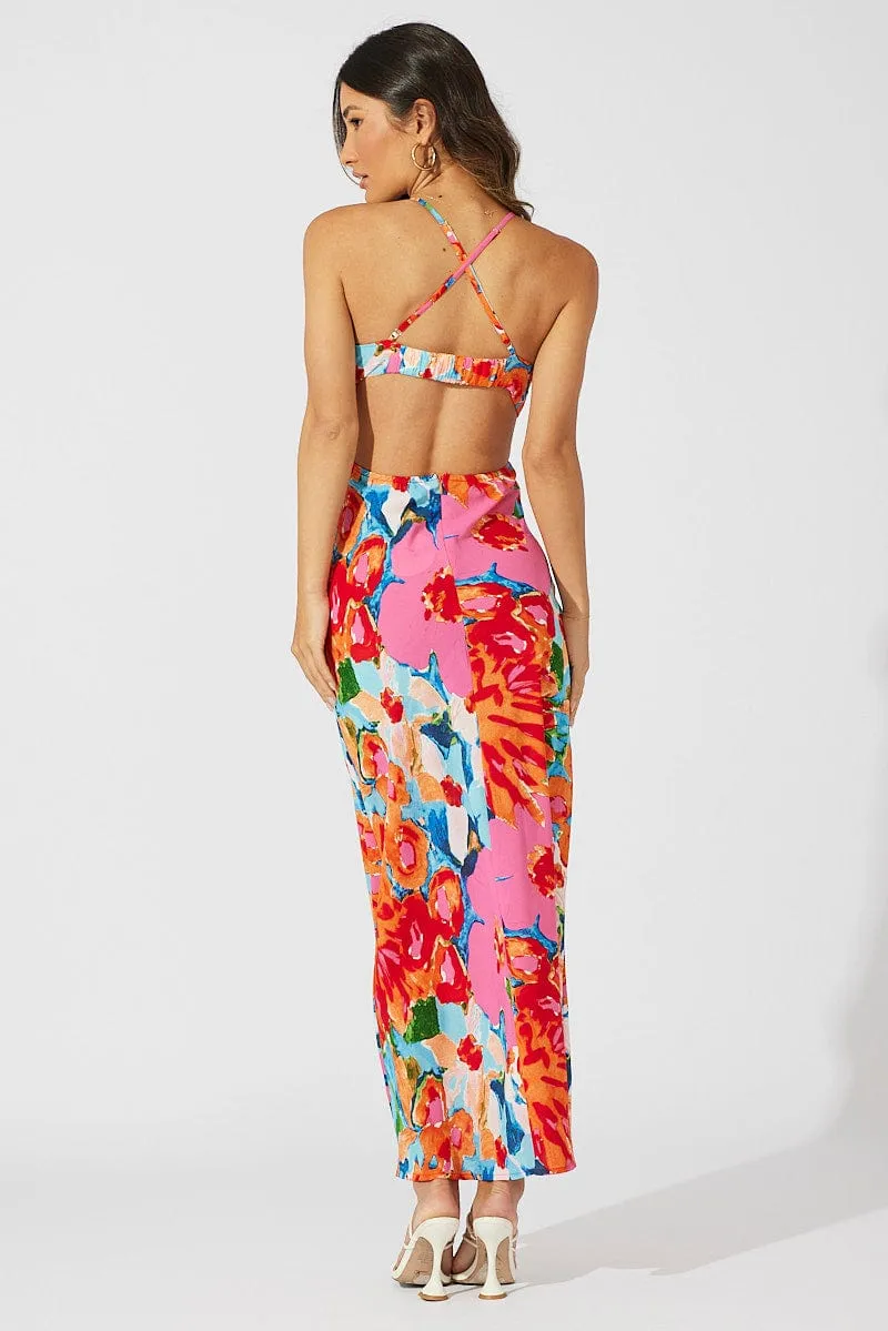 Multi Abstract Maxi Dress Abstract Floral Strappy Cut Out Velvet Glow
