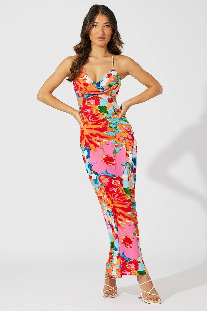 Multi Abstract Maxi Dress Abstract Floral Strappy Cut Out Vibrant boho dress