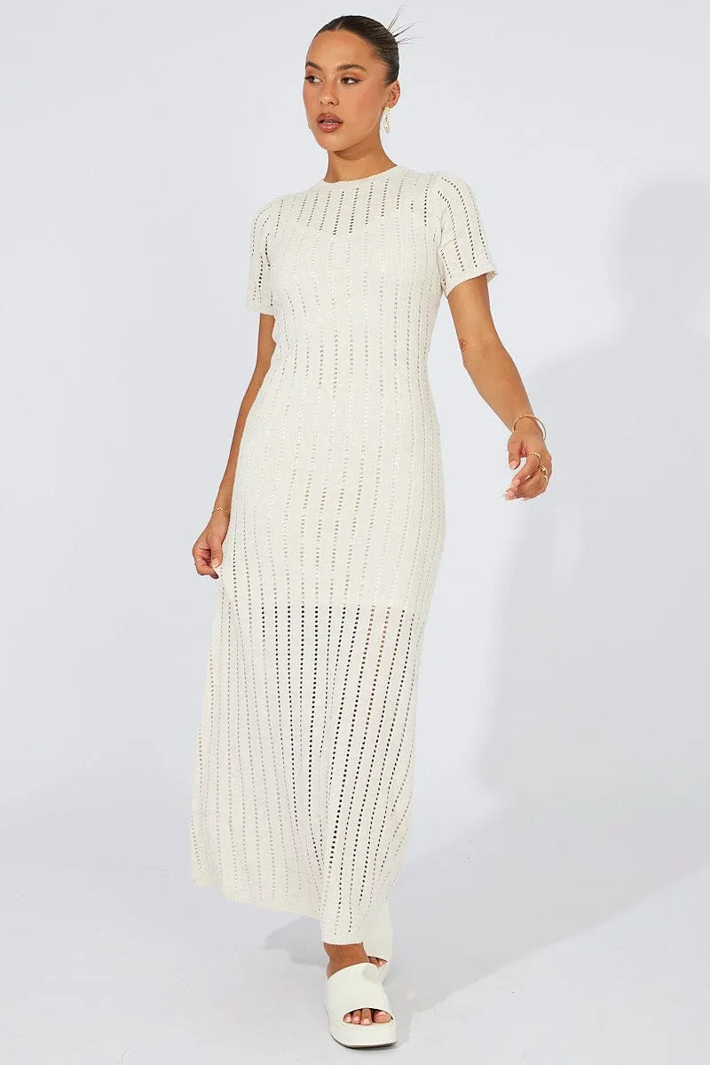 White Knit Maxi Dress Crochet Short Sleeve Stripe Flow