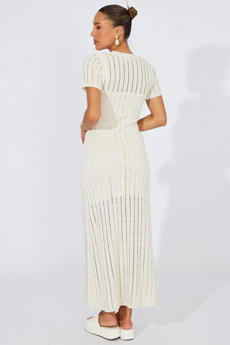 White Knit Maxi Dress Crochet Short Sleeve Wool Glow The simple yet refined design of this dress makes it easy to pair with different accessories