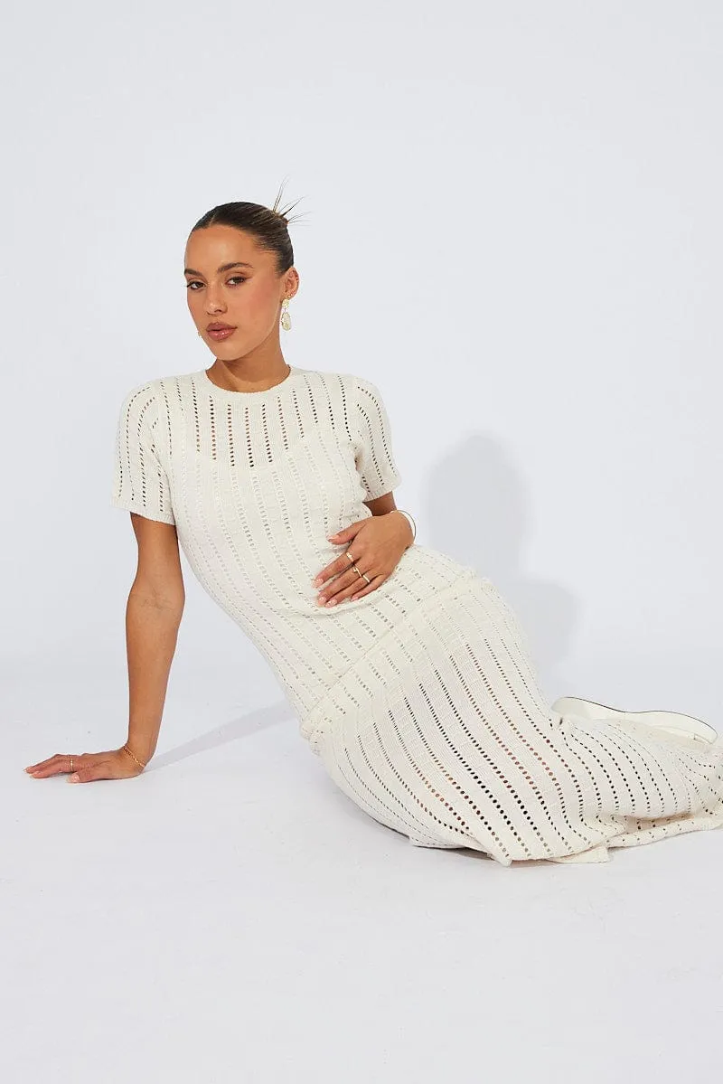 White Knit Maxi Dress Crochet Short Sleeve Dune Path Door Arch
