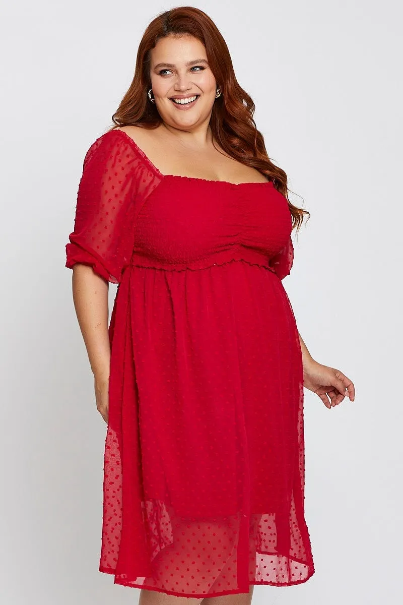 Spring Tone Brown 3/4 Sleeve Chiffon Flocked Midi Dress