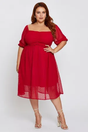 Brown 3/4 Sleeve Chiffon Flocked Midi Dress Deep Shade Minimalist mid-calf dress