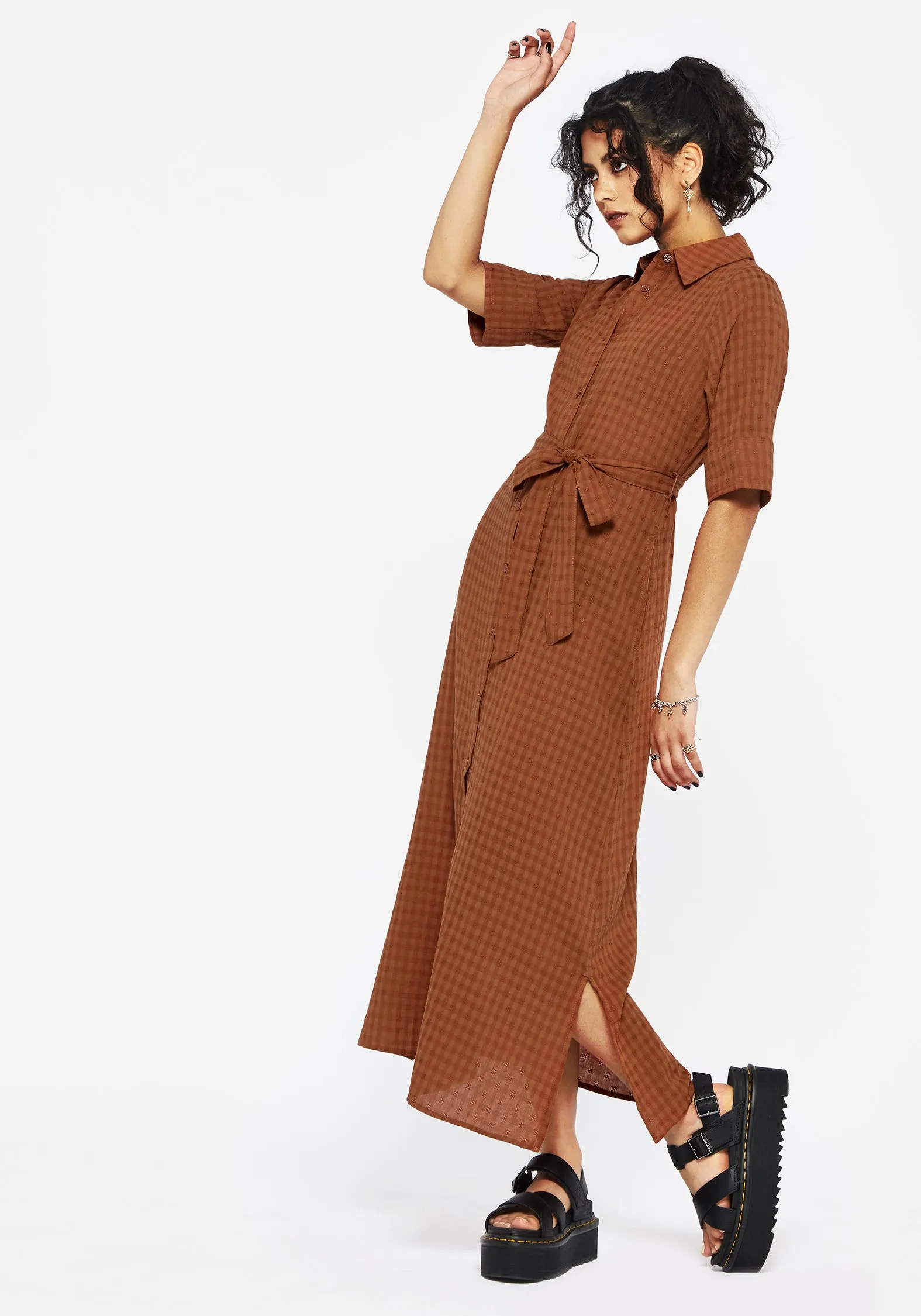 Soleil Cotton-Blend Check  Midi Shirt Dress Sunrise Feel Versatile Wardrobe