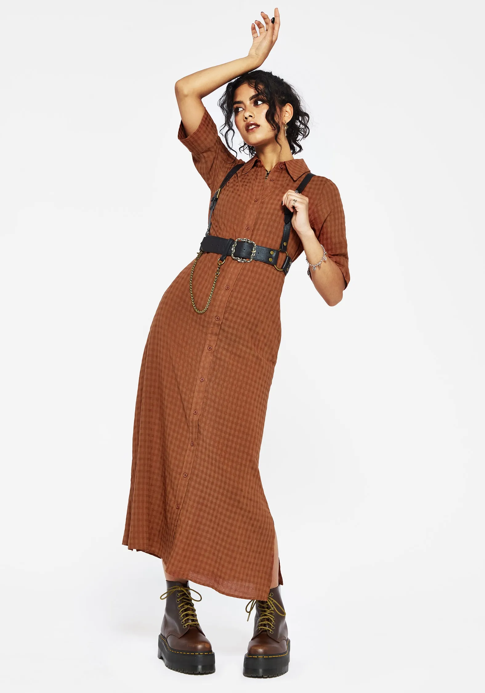 Playful and feminine dress Contemporary Fashion Soleil Cotton-Blend Check  Midi Shirt Dress