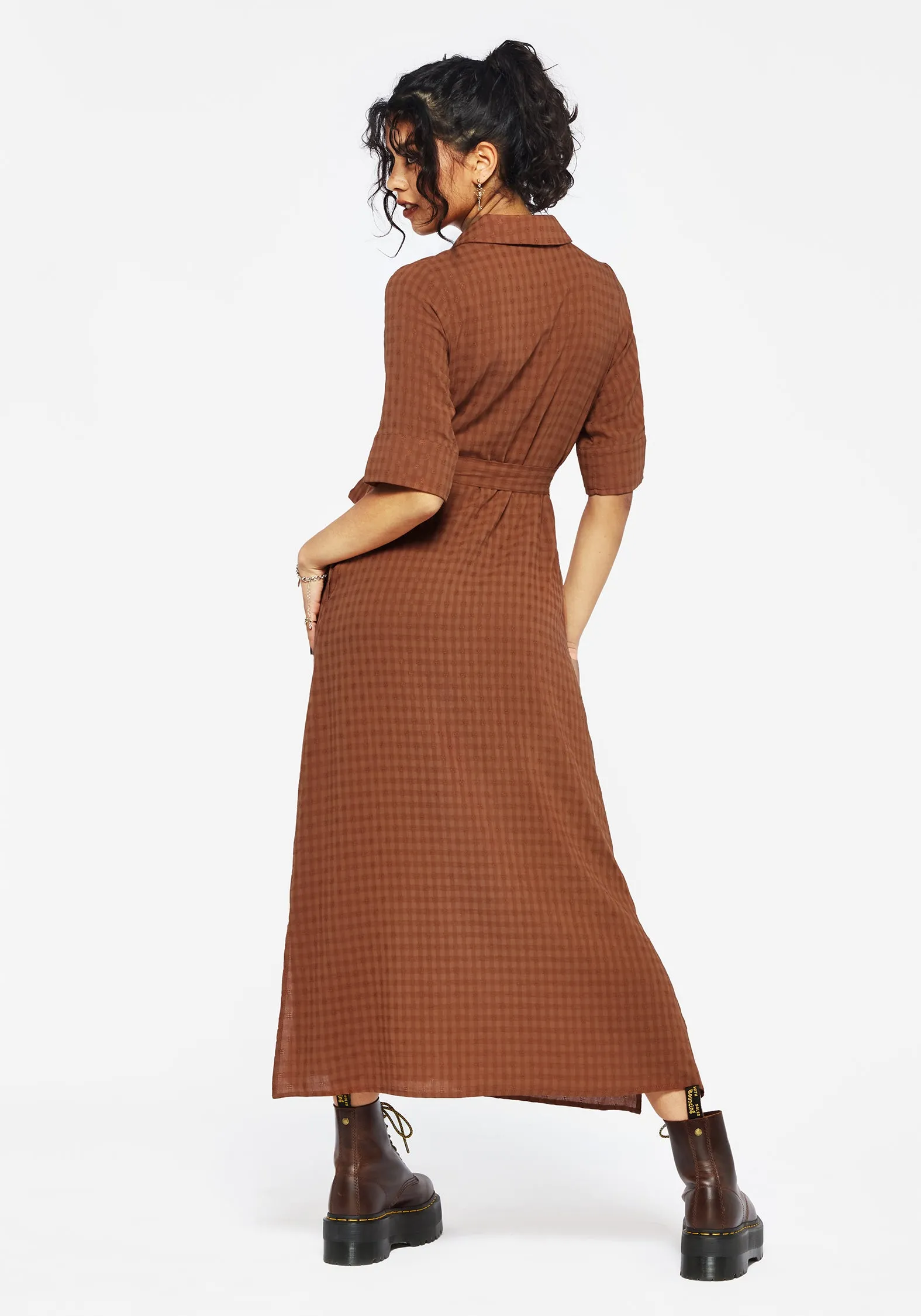 All-season midi Soleil Cotton-Blend Check  Midi Shirt Dress