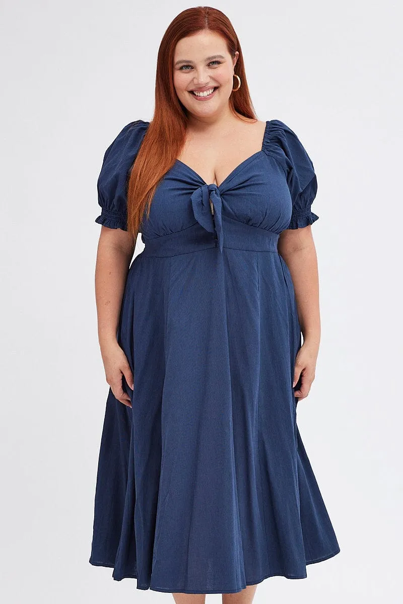 Blue Tie Front Button Midi Dress Day Off Style