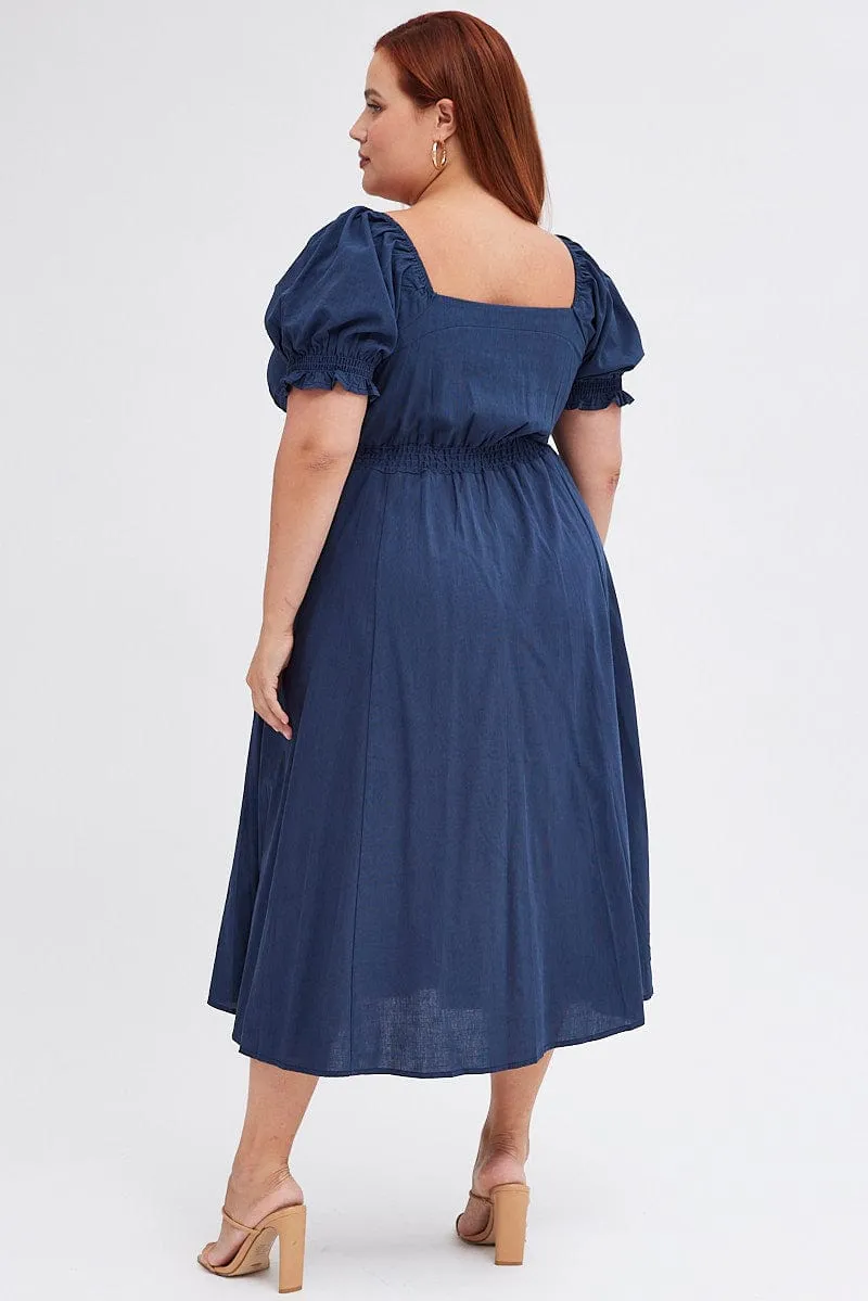 Blue Tie Front Button Midi Dress City Sleek Timeless Look