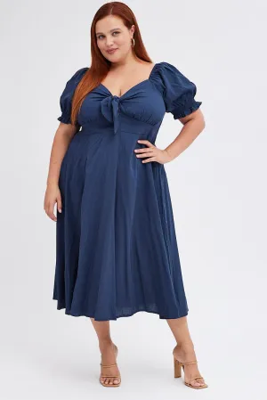 Blue Tie Front Button Midi Dress Birthday Dinner Charming Design