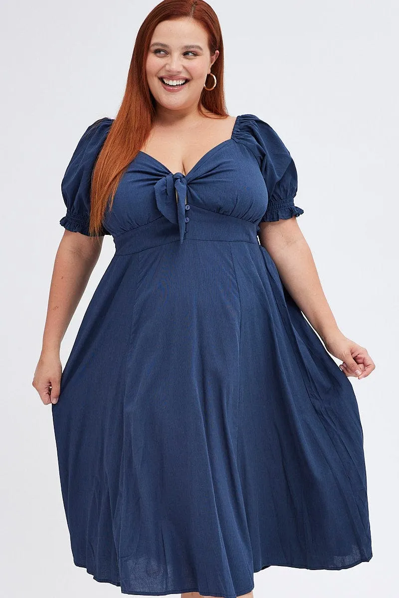 Blue Tie Front Button Midi Dress Wood Scent