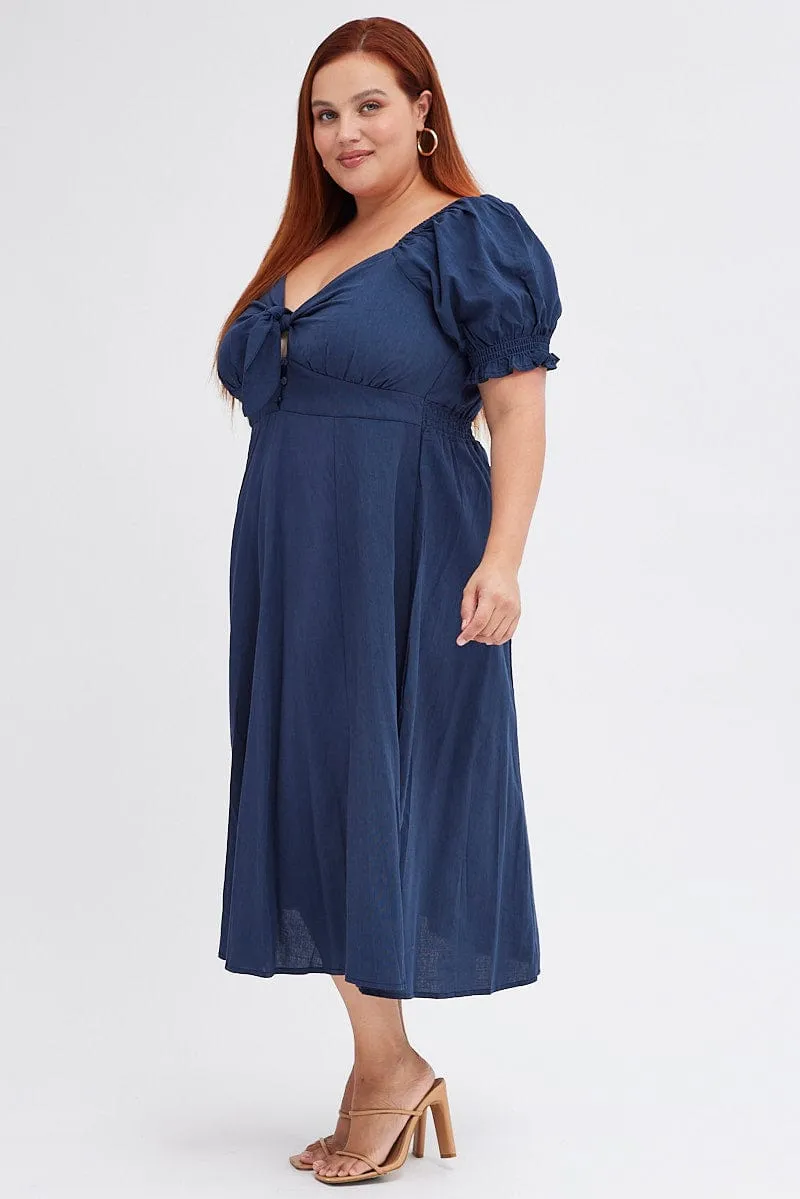 Feminine Elegance Glacier Edge Blue Tie Front Button Midi Dress
