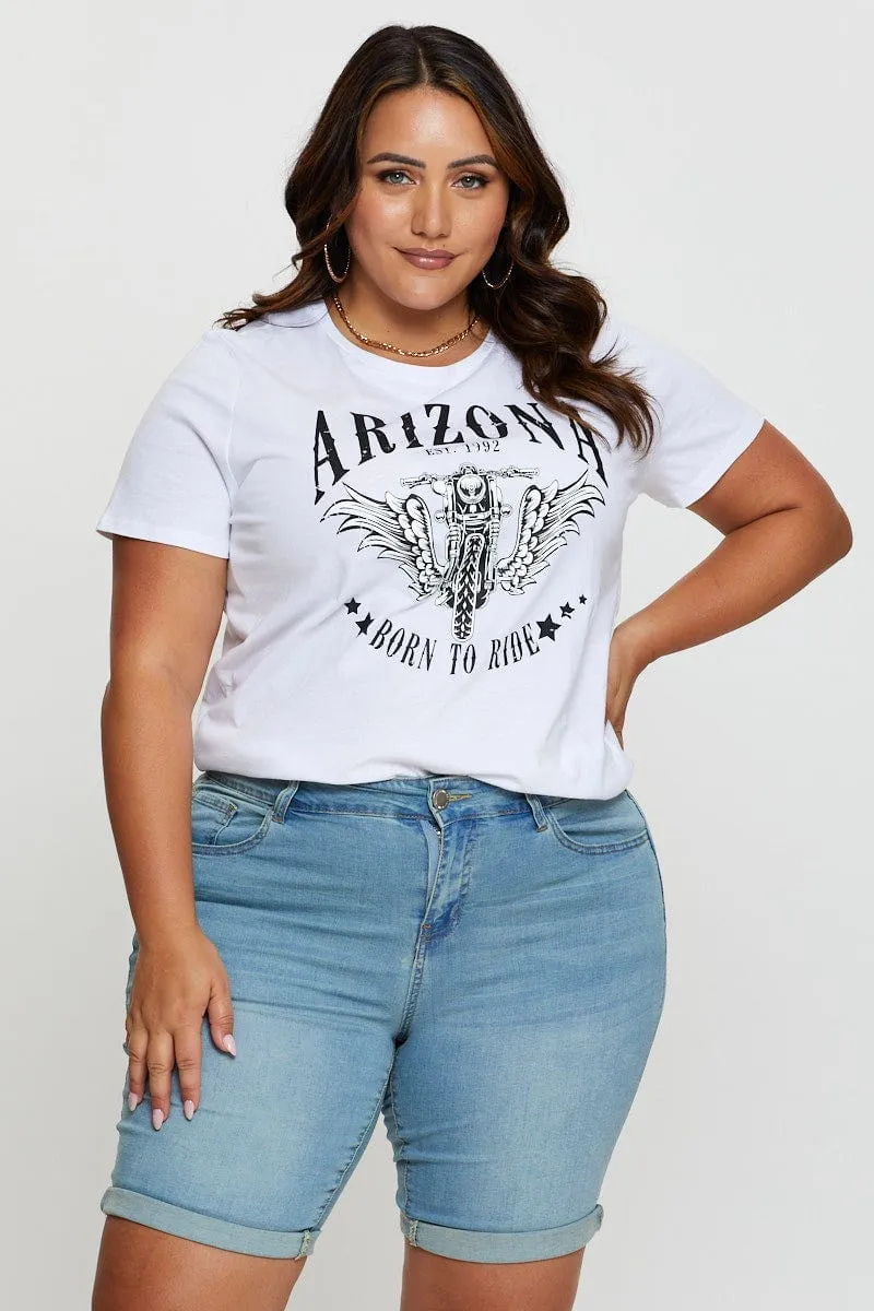White Graphic T-shirt Arizona Biker Short Sleeve Cotton Active Look