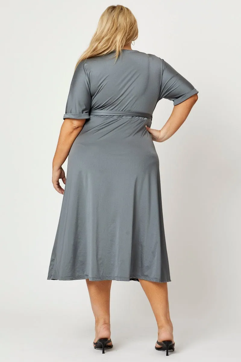 Rain Safe Blue Midi Dress V-neck Short Sleeve Waist Tie
