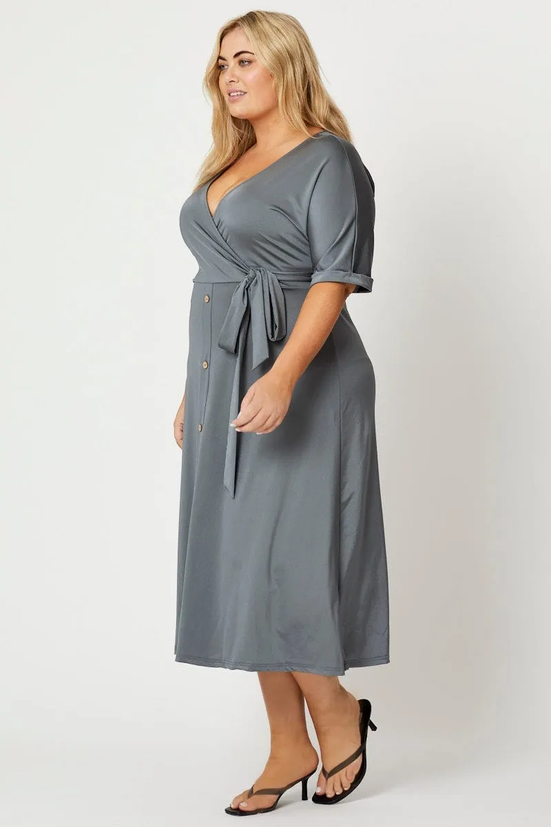 Blue Midi Dress V-neck Short Sleeve Waist Tie Mesh Breeze Emerald Glow