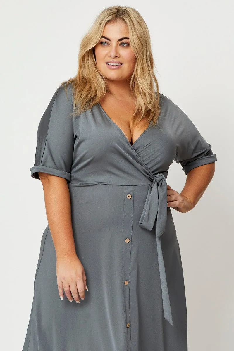 Blue Midi Dress V-neck Short Sleeve Waist Tie Petite Style