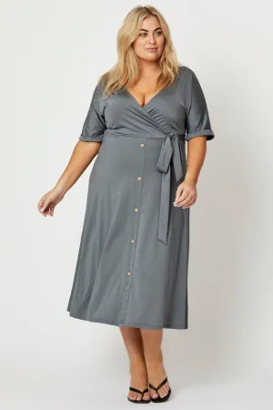Blue Midi Dress V-neck Short Sleeve Waist Tie Cliff Edge Fashionable details
