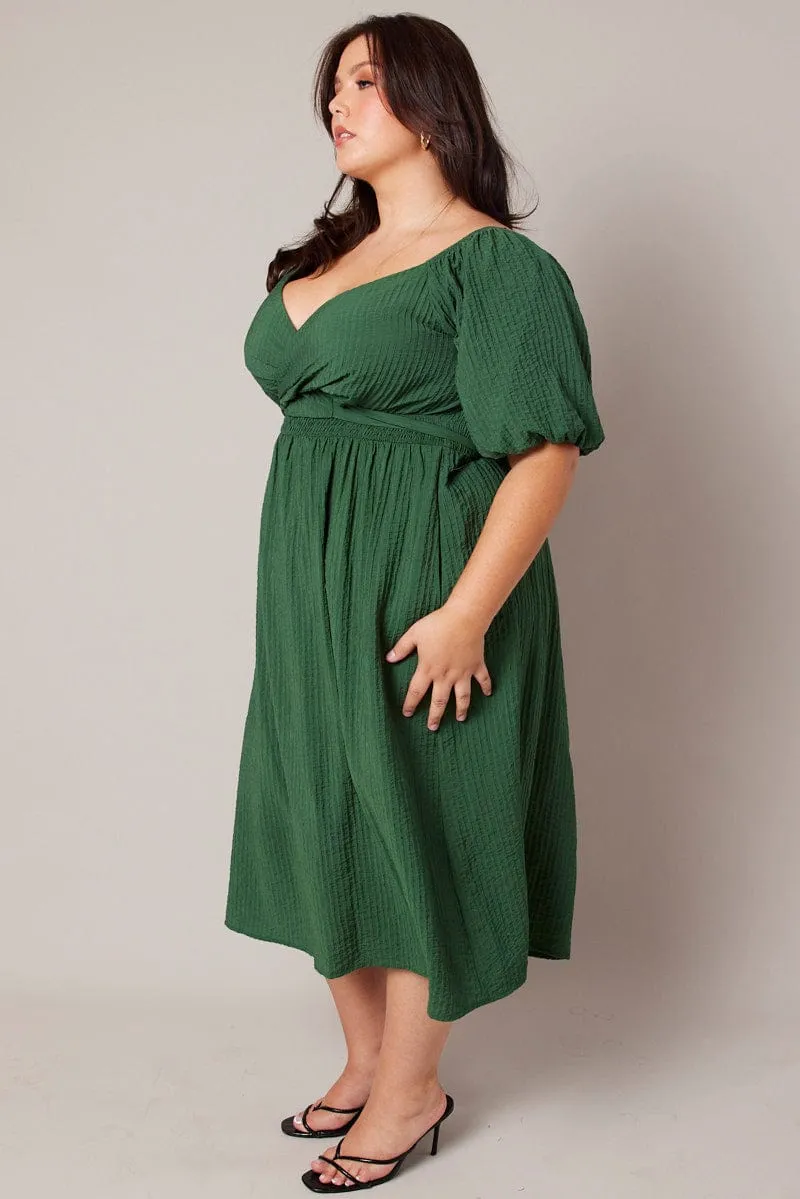 Green Midi Dress Textured Wrapover Elastic Waist Detail Plus Fit