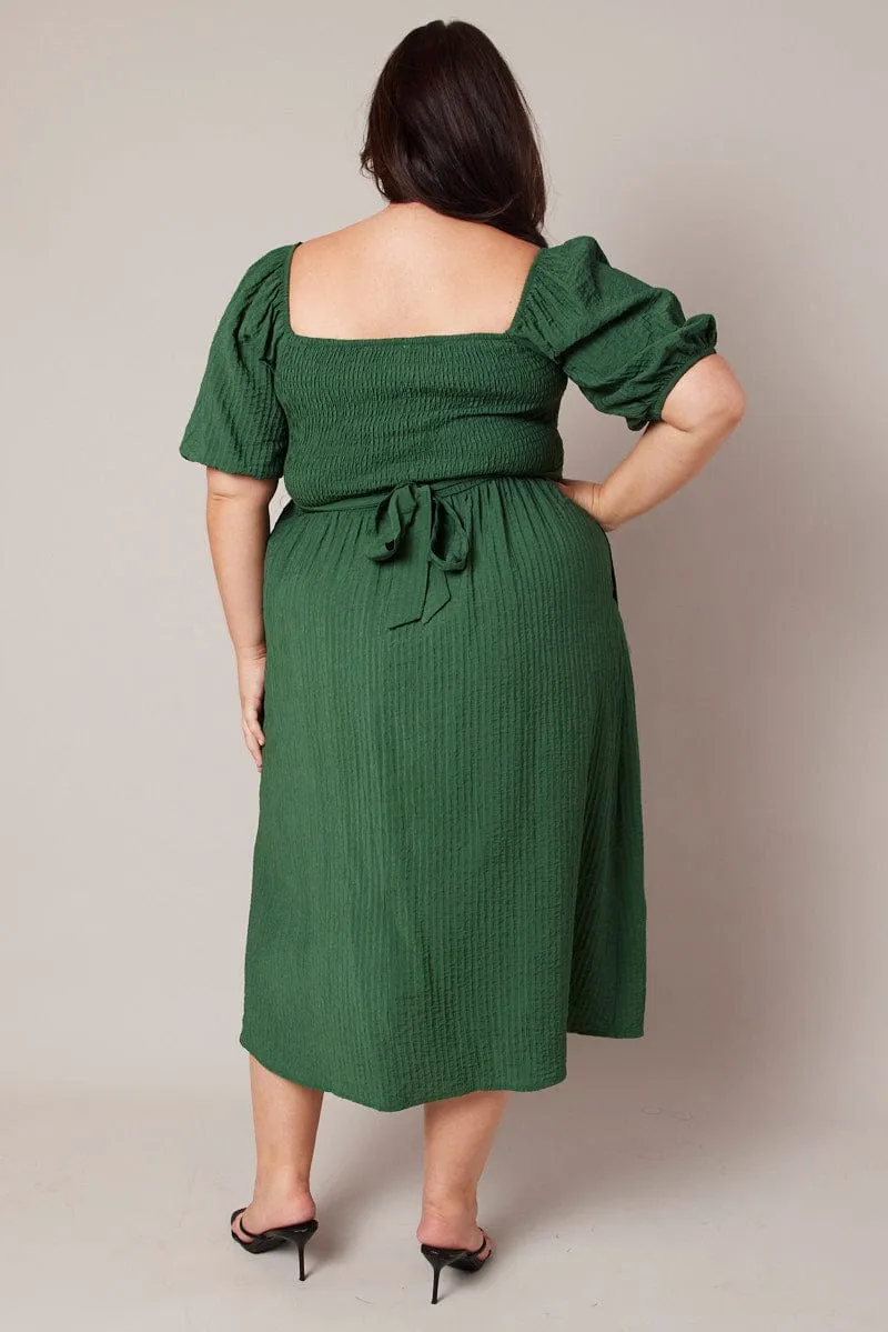 Dinner Hall Green Midi Dress Textured Wrapover Elastic Waist Detail