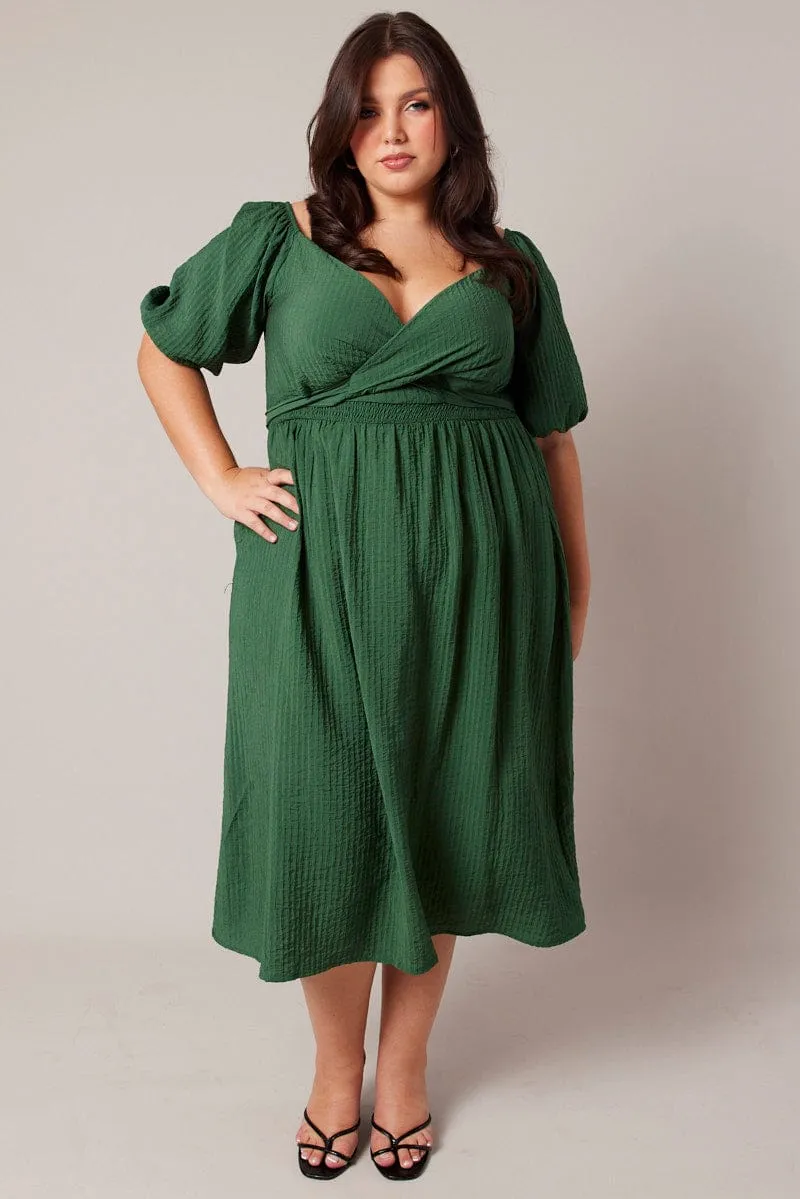 Green Midi Dress Textured Wrapover Elastic Waist Detail Perfect outdoor event dress