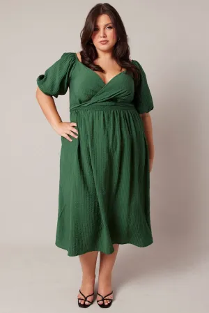 Green Midi Dress Textured Wrapover Elastic Waist Detail Perfect outdoor event dress