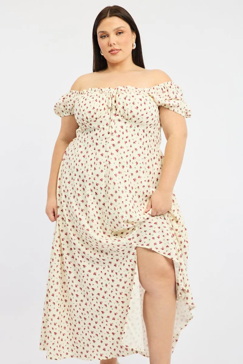 Red Ditsy Midi Dress Short Sleeve Ruched Bust Drizzle Sky