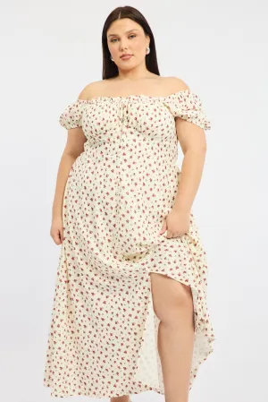 Red Ditsy Midi Dress Short Sleeve Ruched Bust Drizzle Sky