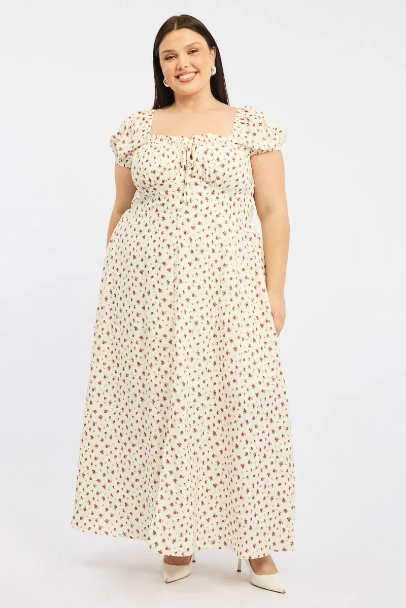 All-season midi Red Ditsy Midi Dress Short Sleeve Ruched Bust