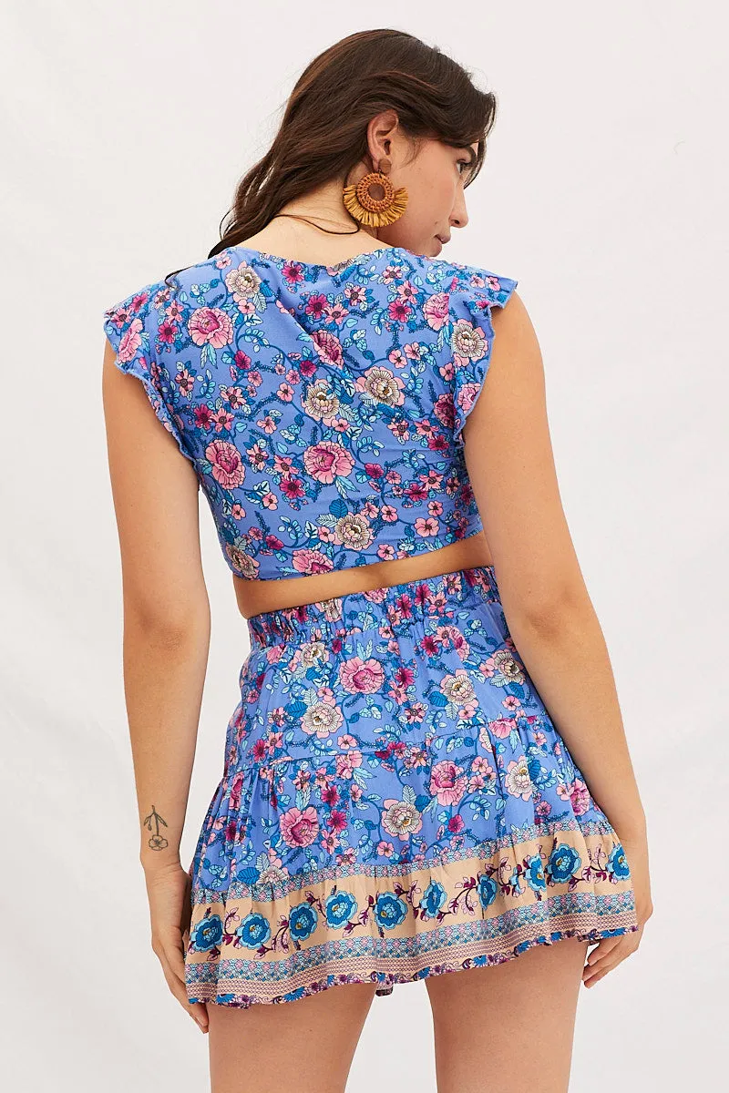 Boho Print Flare Skirt Mini High Rise Removable Belt