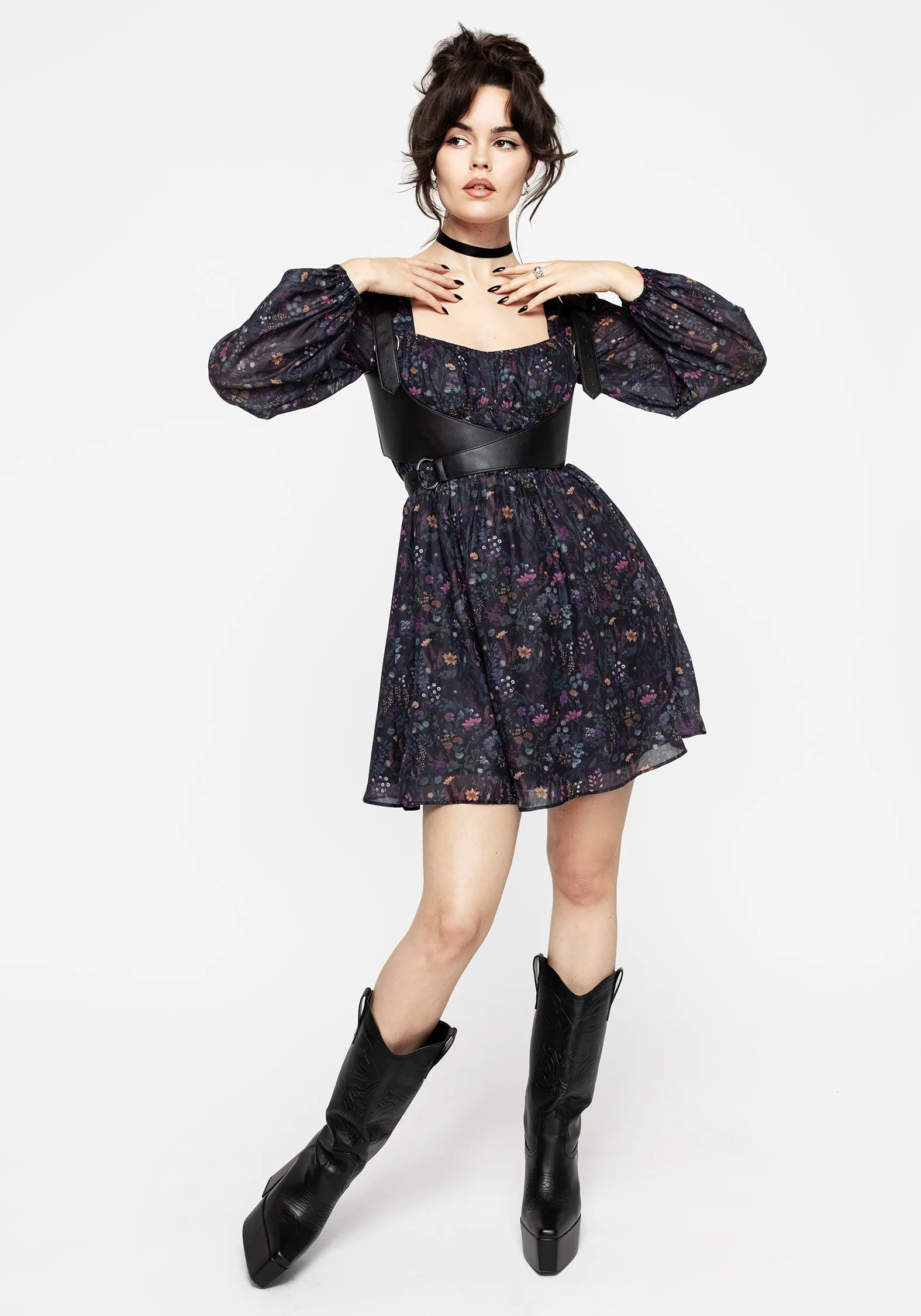 Pop Beat Heliotrope Floral Print Chiffon Mini Dress