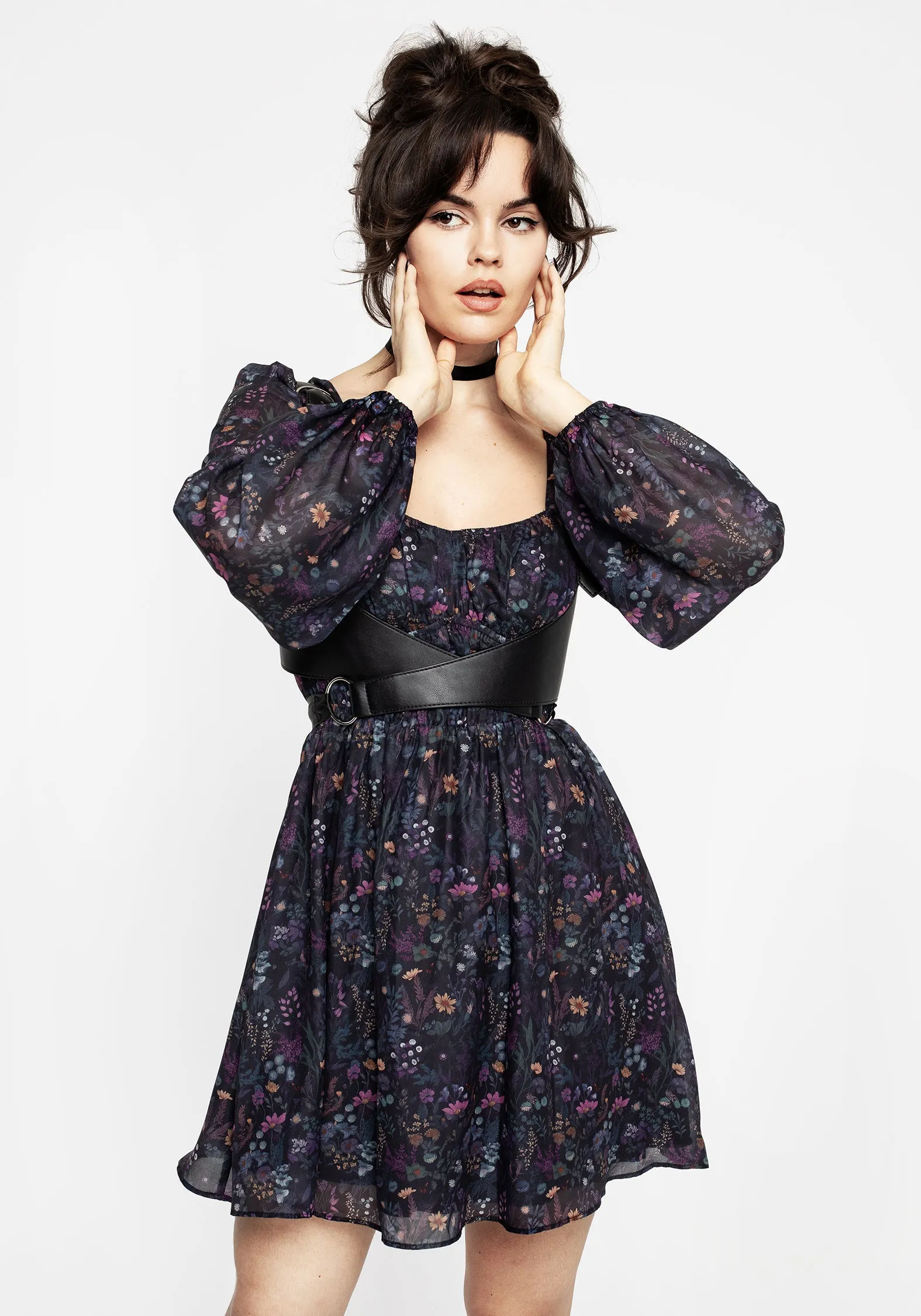 Girls Night Flash Glow Heliotrope Floral Print Chiffon Mini Dress