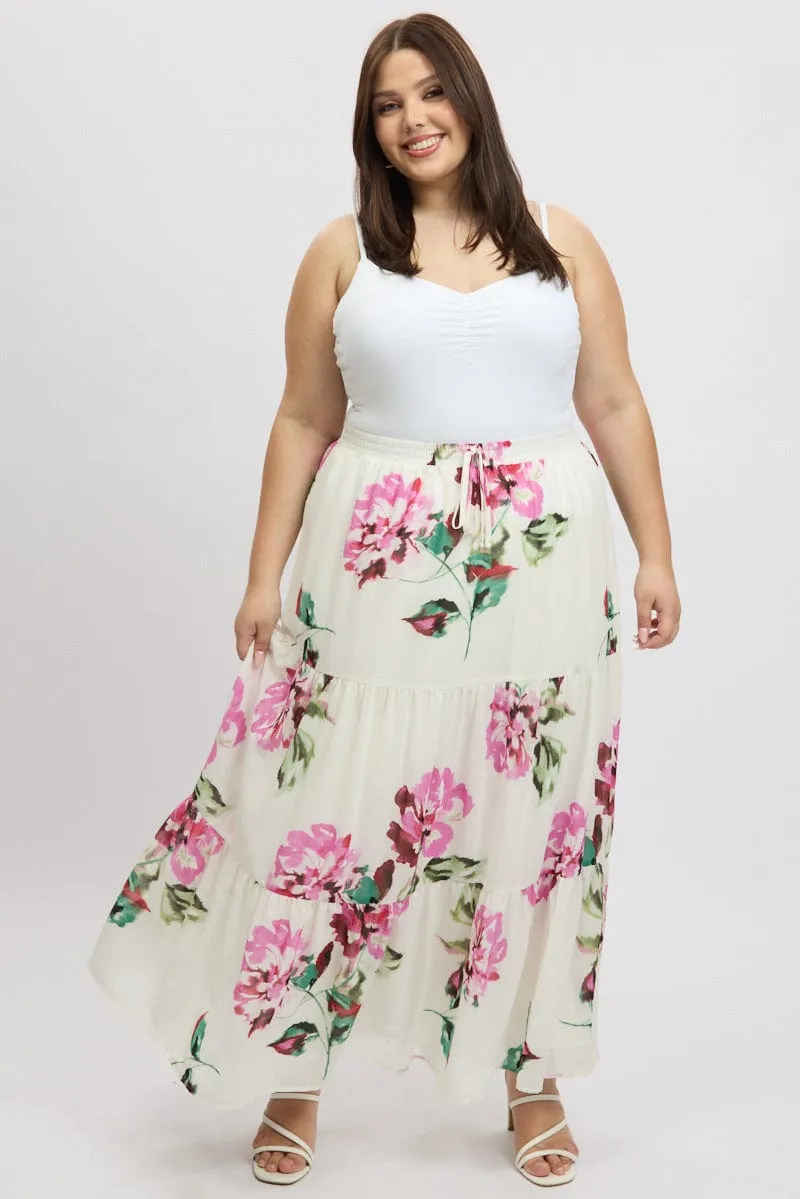 White Floral Elastic Waist Tiered Chiffon Maxiskirt Global Inspiration Romantic Vibe