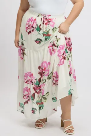 White Floral Elastic Waist Tiered Chiffon Maxiskirt Easy Fashion