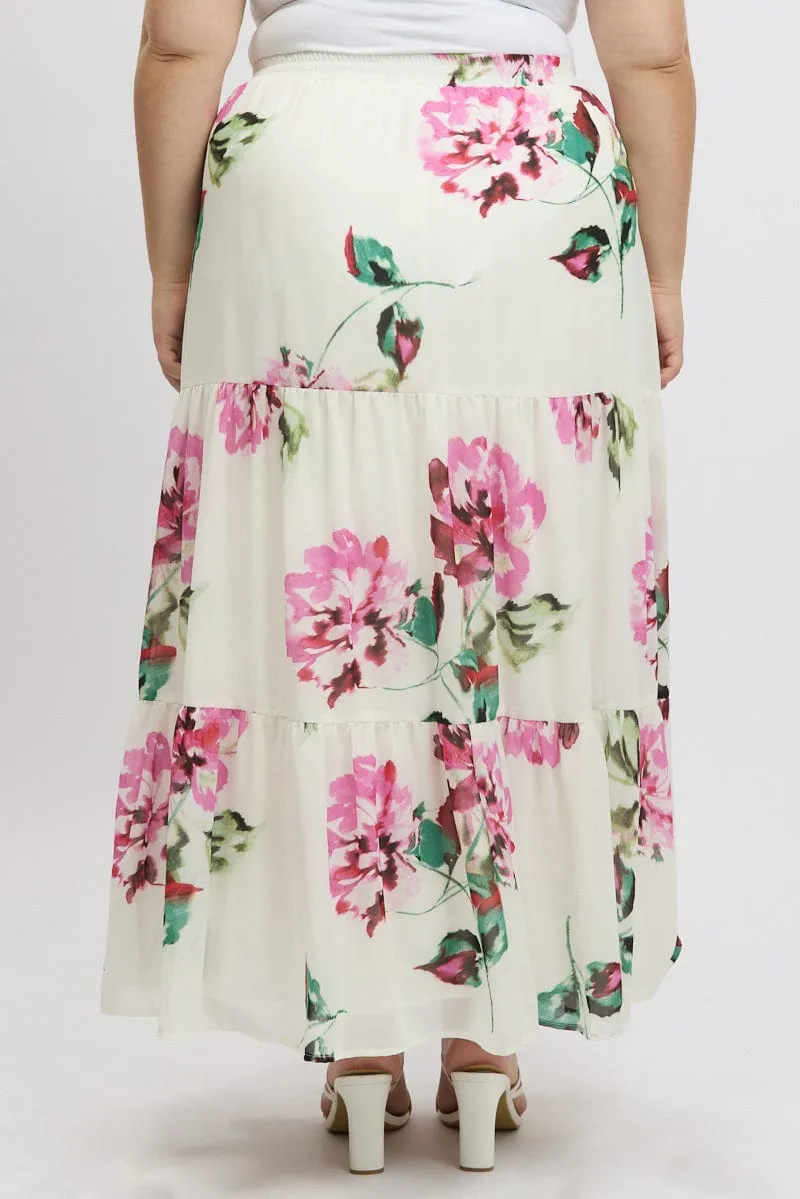 Sporty Casual White Floral Elastic Waist Tiered Chiffon Maxiskirt