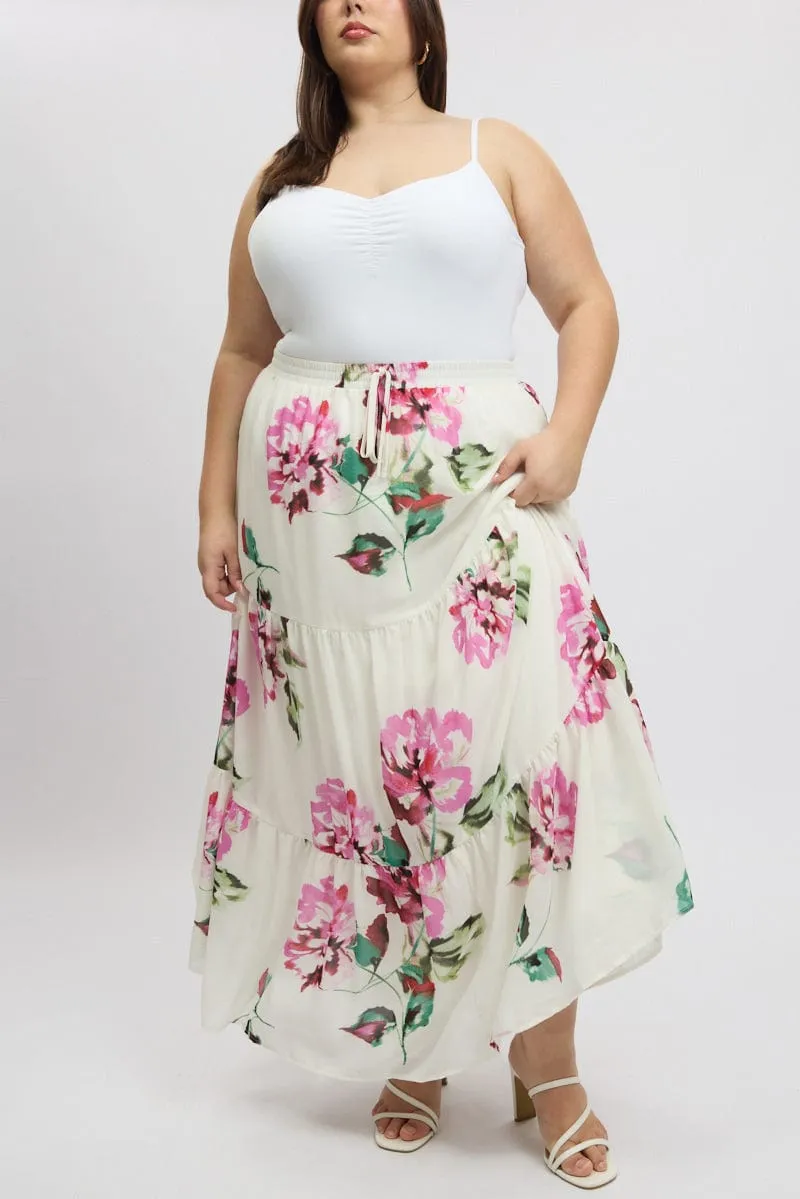 White Floral Elastic Waist Tiered Chiffon Maxiskirt Bold Print