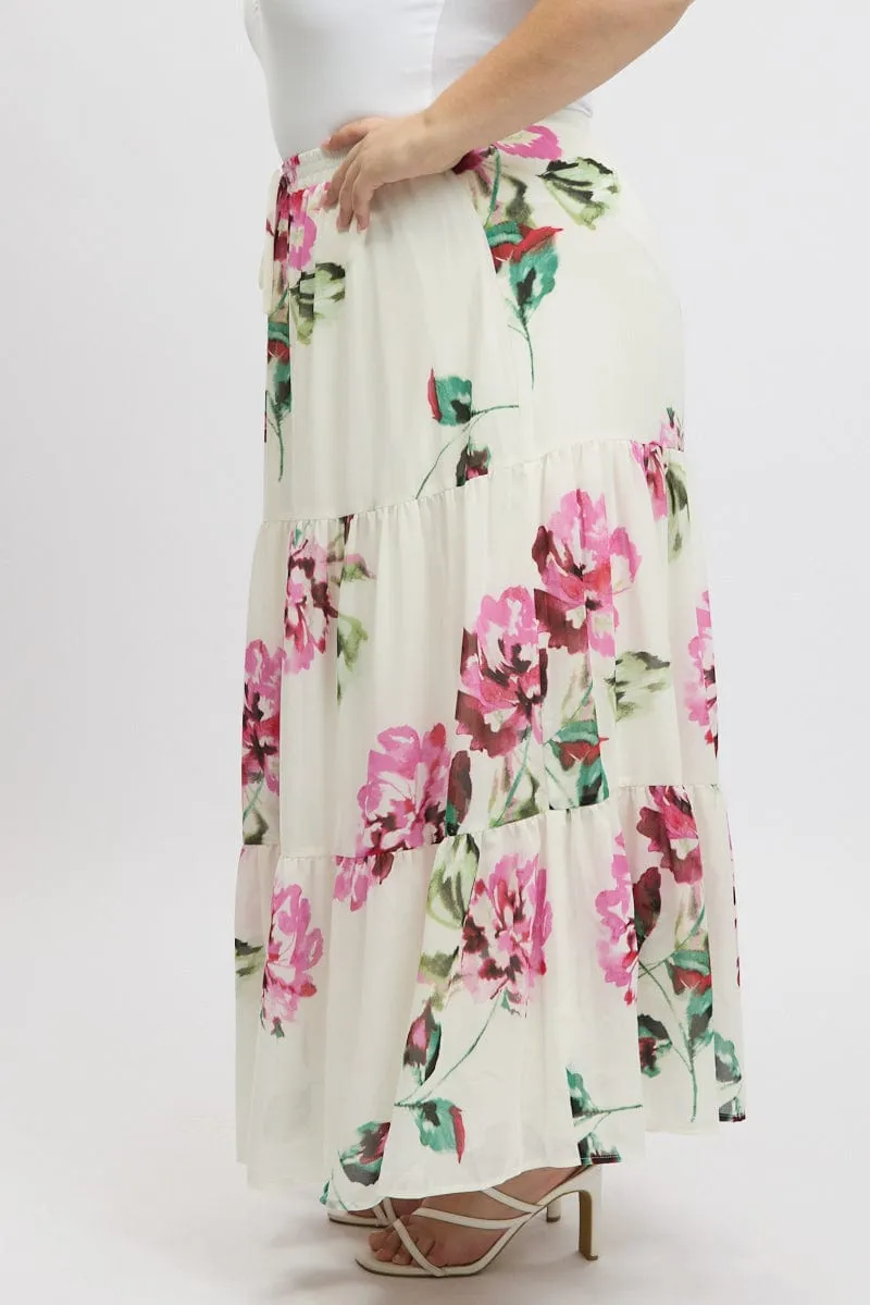 Seasonal Must Have Clean Fit White Floral Elastic Waist Tiered Chiffon Maxiskirt
