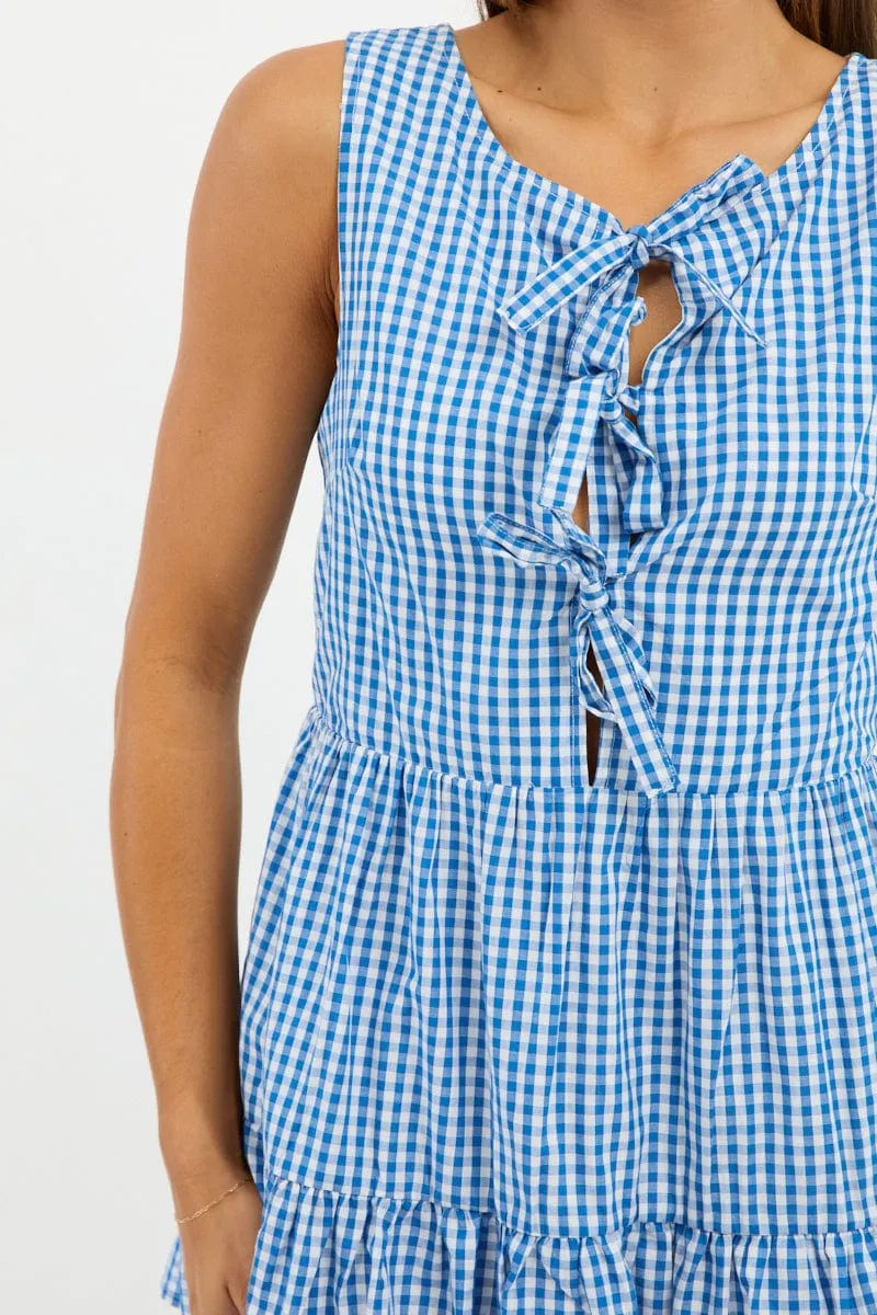 Blue Check Mini Dress Ribbon Detail Elegant mini with floral prints