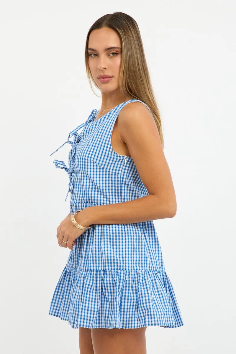 Blue Check Mini Dress Ribbon Detail Elegant short silhouette Sustainable production