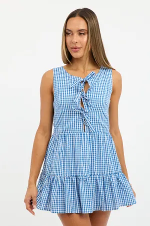 Blue Check Mini Dress Ribbon Detail Fun Pop