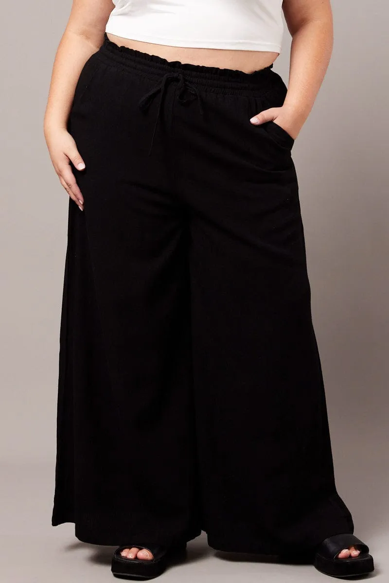AdjustableWaistband Black Wide Leg Pants High Rise