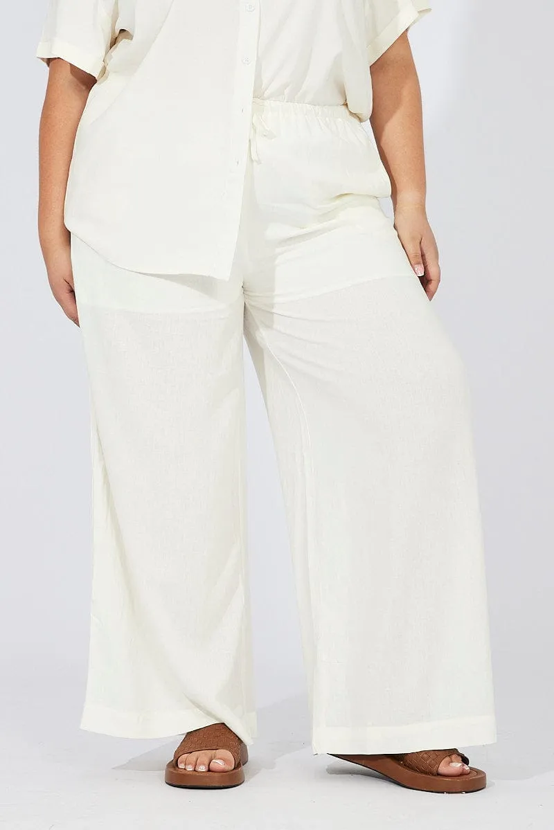 Feminine Cut White Wide Leg Pants High Rise