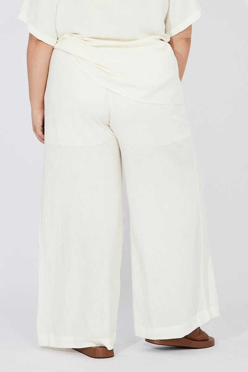 Soft Touch Material White Wide Leg Pants High Rise