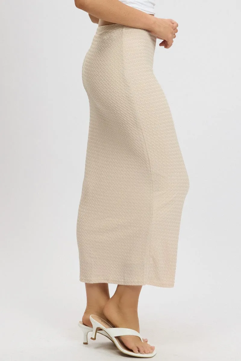 Beige Midi Skirt High Rise Textured Jersey Style Layering Polished Cut