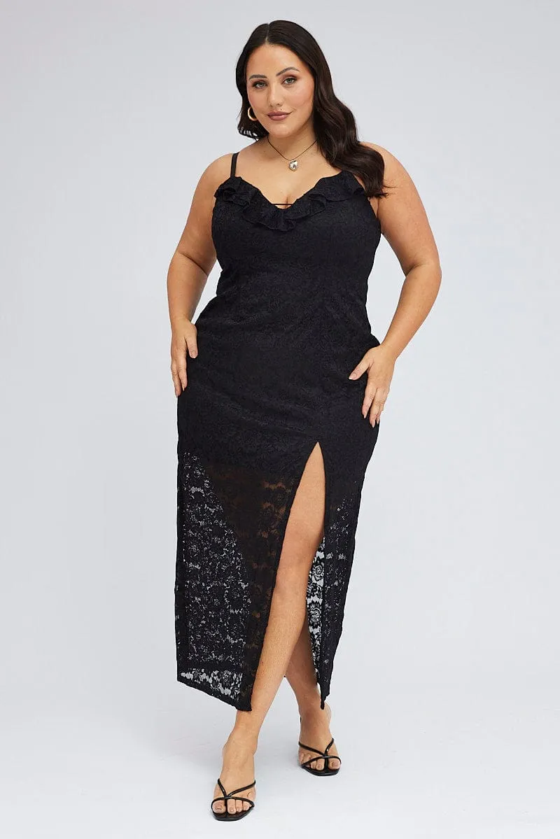 Chic and Simple Black Midi Dress Sleeveless Lace